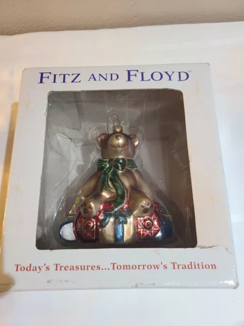 Fitz Floyd Old Fashioned Christmas Teddy Bear Glass Ornament Train Wagon Large