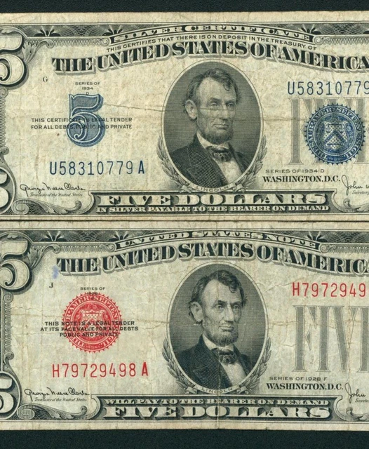 (( TWO NOTES )) $5 1934 / 1928 Silver Certificate/United States Note CURRENCY