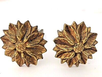 Gorgeous Set of 2 Antique French Bronze Curtain Rod Ends in Sunflower Design