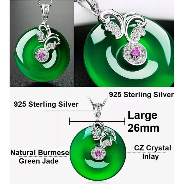 Womens 925 Silver Burmese Green Jade Donut Butterfly Pendant 24" Necklace D980 3