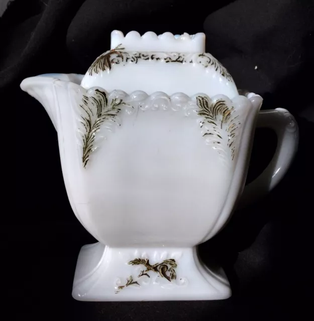 EAPG Antique Westmoreland "FEATHER" White Milk Glass Creamer Cream Pitcher & Lid