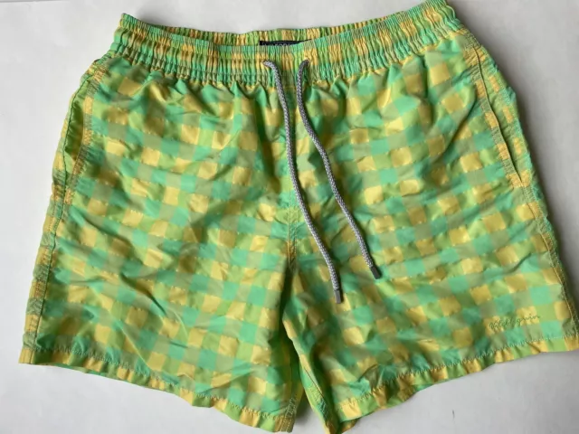 VILEBREQUIN Yellow Green Geometric Checkered Moorea Swim Trunks Shorts Large