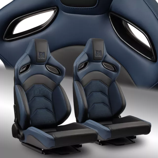 Reclinable PVC Racing Seats Universal Car Seat Black-Blue Full Set w/Sliders