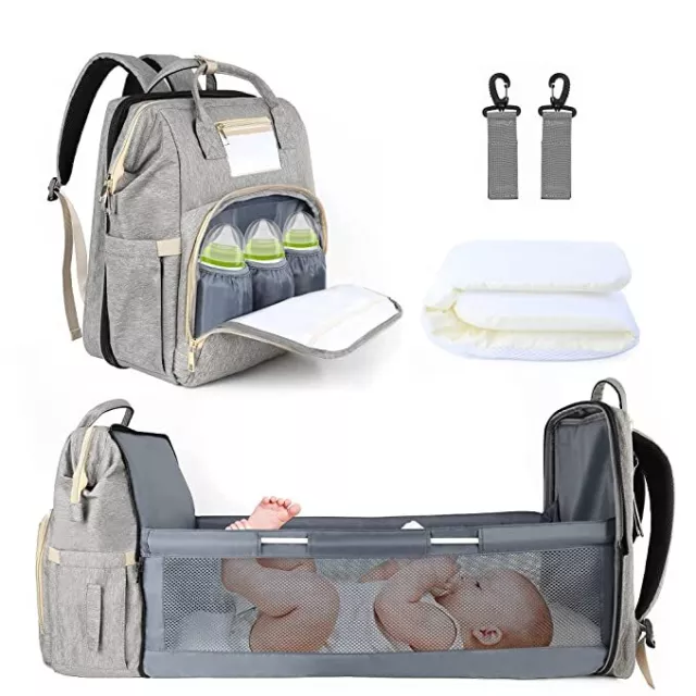 Diaper Bag Backpack with Changing Station, Foldable Baby Bed Back Pack, 3 in 1