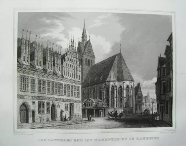 Hannover Niedersachsen Rathaus und Marktkirche echter alter Stahlstich 1842