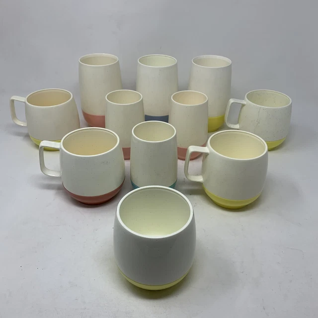 Retro Mid Century Vacron Bopp Decker Plastic White Pink Blue Yellow Cup Mug Set