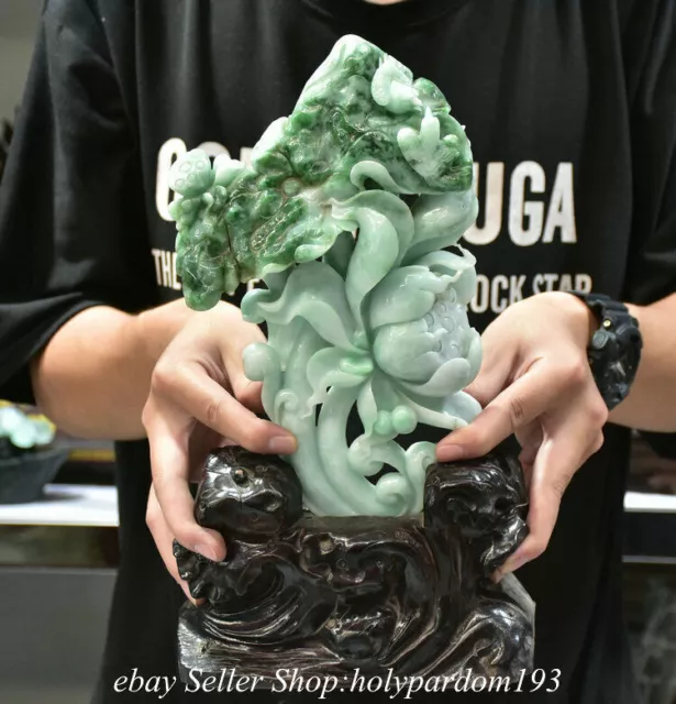 13.2" Chinese Natural Emerald Jade jadeite Carved Fengshui Lotus Bird Statue
