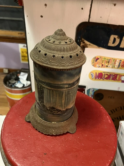 Old Antique Early Cast Iron Motion Light Lamp Glass Shade Waterfall Scene USA