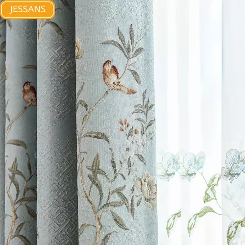 New Chinese Style Flower and Bird Jacquard Blackout Curtains Room  Window Screen