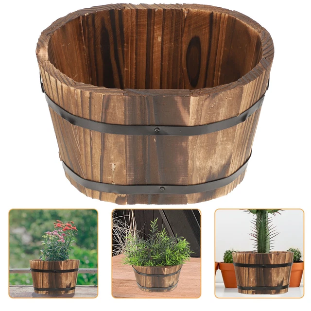Lot De 2 Pots De Fleurs En Bois Rustique Étanches - Style Écorce D'Arbre Pour Décoration Intérieur & Extérieur - Jardin, Balcon, Patio