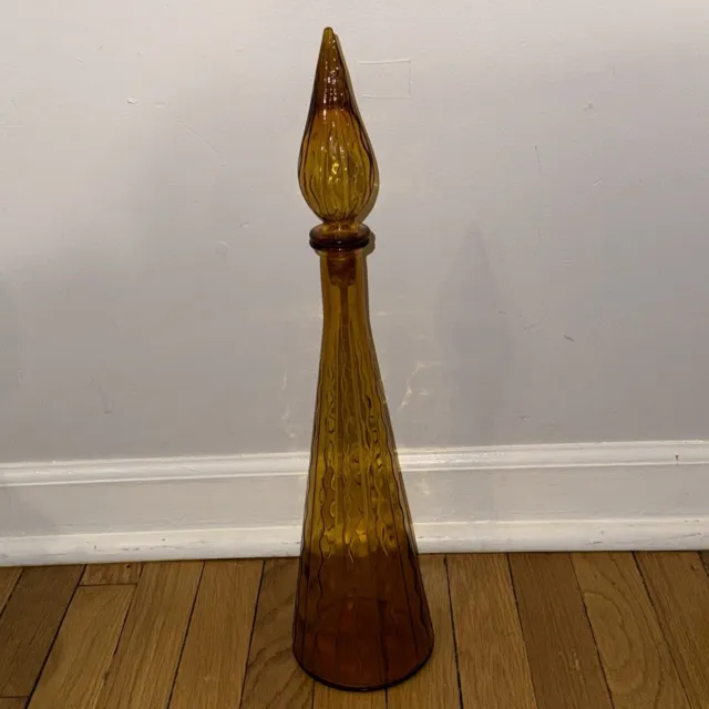 Vintage Retro 19” Amber Glass Ribbed Genie Bottle Decanter With Stopper