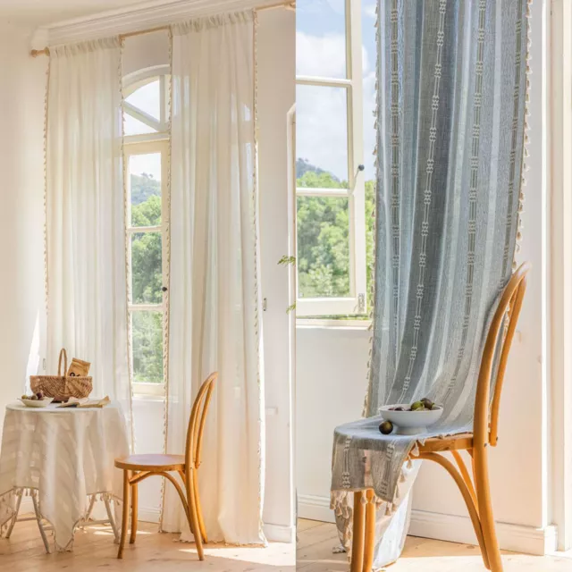 Stripes Embroidery Curtain Vintage For Living Room Window Tassel Drape Curtain