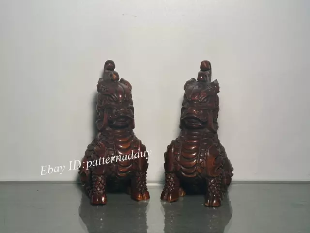 A Pair of Antique Wood Carved and Handcrafted Auspicious Qilin Statues 2