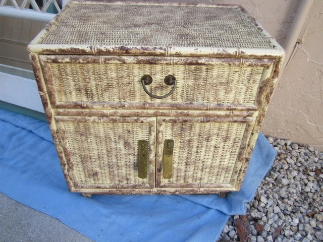 Hollywood Regency Faux Bamboo Wood  Nightstand One Drawer Two Doors