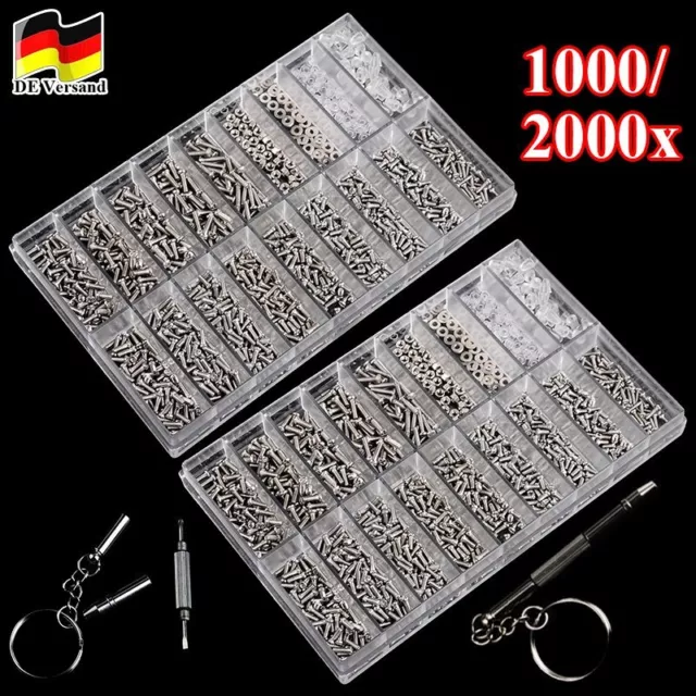 1000 / 2000x Micro Schrauben Set Sortiment mit Schraubendreher für Brillen Uhren