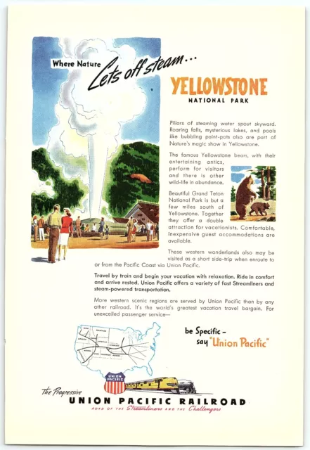 1940s UNION PACIFIC RAILROAD YELLOWSTONE NATIONAL PARK FULL PAGE PRINT AD Z4343