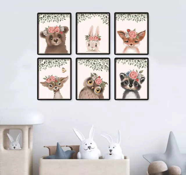 Wall Art Nursery Decor Woodland Animals Flowers Baby Watercolor Style 6 Prints