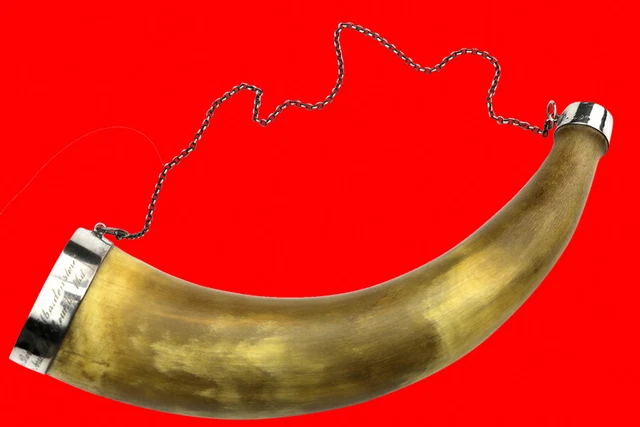 Nice Quality 19th C. American Silver Mounted Presentation Maryland Hunting Horn. Nice Quality 19th C. American Silver Mounted Presentation Maryland Hunting Horn.