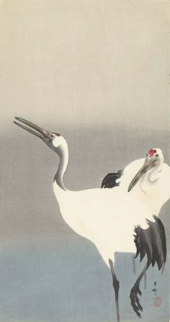 Japanese Art Woodblock Print Shin Hanga, Two Cranes OHARA KOSON