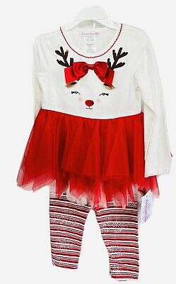 Bonnie Jean 4/4T Dress Leggins Girls red tulle net Reindeer Christmas NWT $40