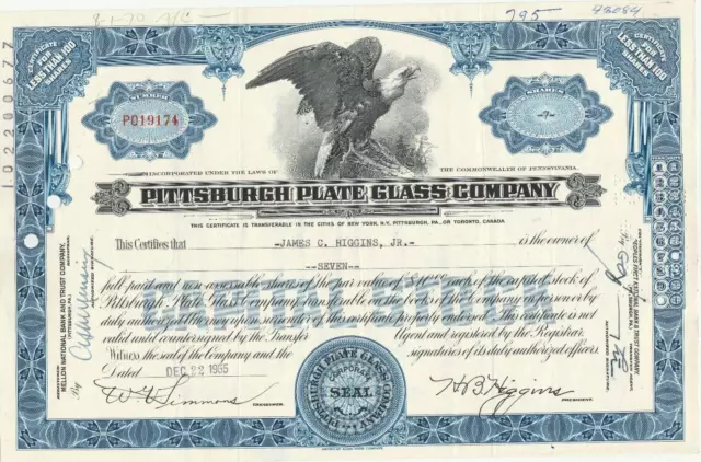 Pittsburgh Plate Glass Co Stock Certificate 1955 America Eagle James Higgins Jr