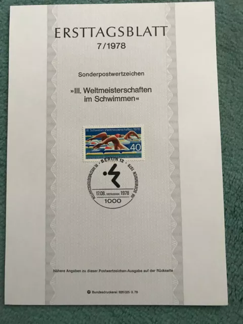 Ersttagsblatt ETB Berlin; 7/1978  "Weltmeisterschaft im Schwimmen"