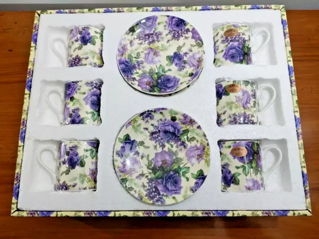 Set of 6 Leonardo Collection Purple Roses Cups & Saucer in Gift Box