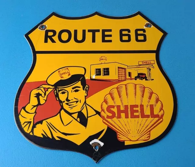 Vintage Shell Gasoline Sign - Old Attendant Route 66 Gas Oil Pump Porcelain Sign