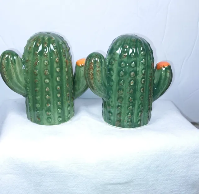 Destination Holiday Cactus Salt & Pepper Shakers Ceramic Green Orange 3x3 NIB