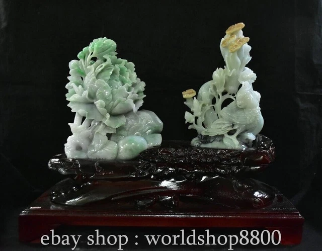 15.2" Old Chinese Dynasty Natural Jadeite Jade Carving Wealth Flower Bird Statue