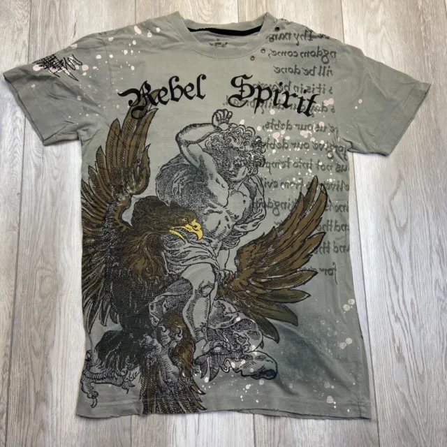 VINTAGE Rebel Spirit Shirt Mens M Green Gray Brown Distressed Golden Eagle Wings