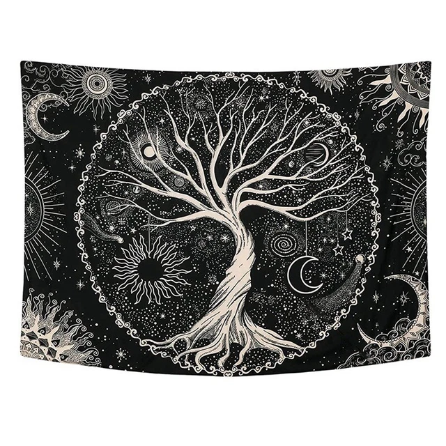 Tapiz de árbol y tapiz negro colgante de pared mandala psicodélico estrellado Ta C3W2