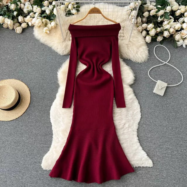 Chic Off The Shoulder Long Sleeve Mermaid Dress Sexy Evening Party Elegant 3