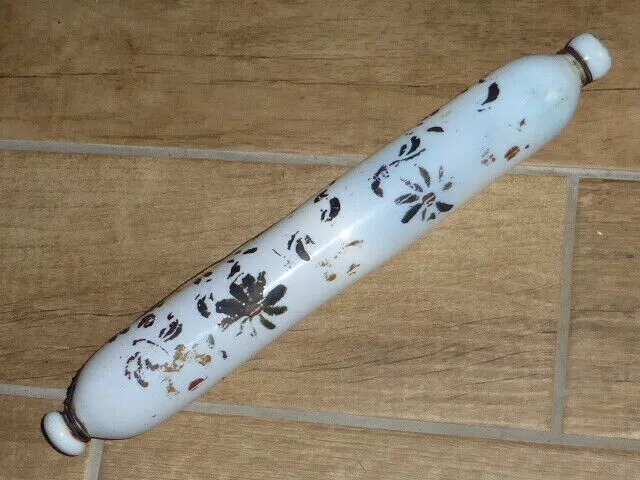 Rare Antique Victorian Opal Glass Rolling Pin with Hand Painted Floral Design