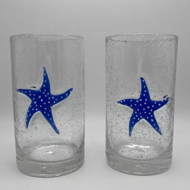 Hand Blown Bubble Glass Applied Fused Glass Starfish Tumbler Glasses Set of 2