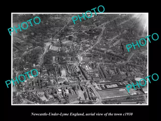 Old Postcard Size Photo Of Newcastle Under Lyme England Town Aerial View 1930 4