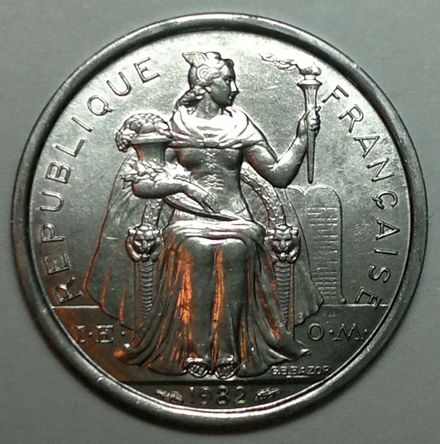 1982 French Polynesia 1 Franc coin, Sailing Boat UNC, from bank roll