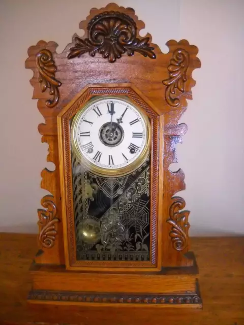 Early Antique Wm. Gilbert 8 Day Time and Strike Mantel Clock Great Door Stencil