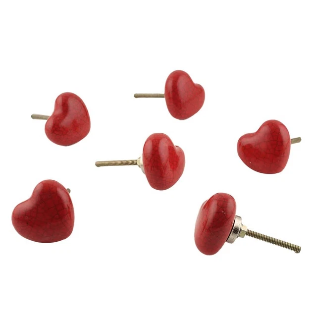 Set De 6 Rouge Craquelé Céramique Poignée Tiroir - Cœur Commode Boutons Et Porte