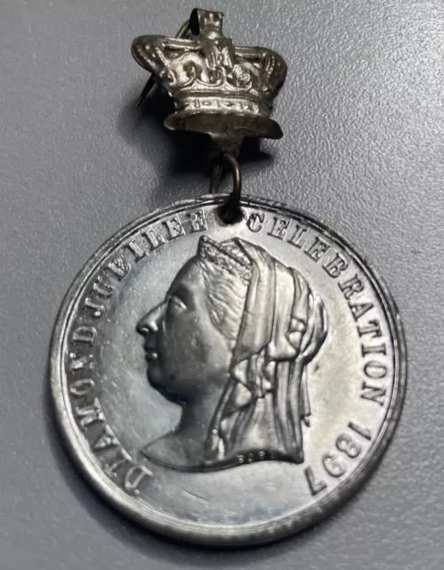 Antique white metal Queen Victoria Diamond Jubilee medallion medal with Crown