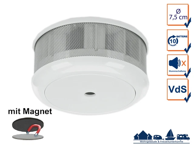 Mini detector de humo 10 años + juego de imanes con detector de incendios VDS & DIN EN14604