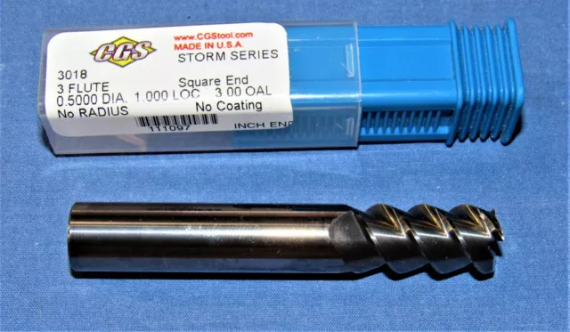 New CGS Carbide End Mill 1/2 Dia.  LOC = 1"  OAL 3.000" 3 Flute Storm Serie