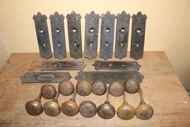 Set 13 Antique 1800's Ornate Matching Brass Victorian Doorknobs & 11 Backplates