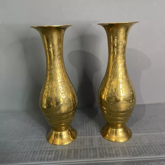 Pair of Vintage Indian Etched Brass Vases 25cm Tall