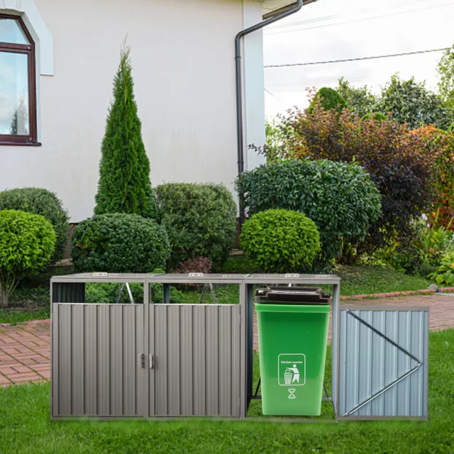 Garbage Bin Shed Stores 3 Trash Cans Metal Outdoor Bin Shed Grey NEW