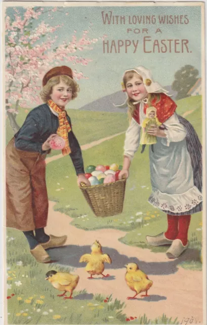 1908 Embossed Easter Postcard Dutch Boy Girl China Doll Eggs Chicks Wooden Shoes