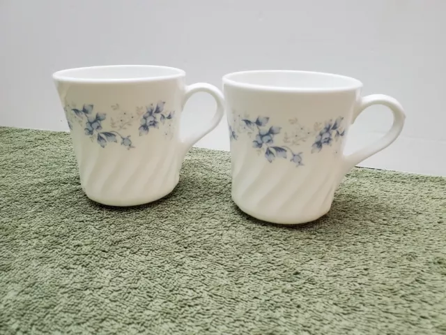 CORELLE CORNING BLUE FLEUR Pattern Swirl Style Coffee Tea Cups Mugs Set of 2