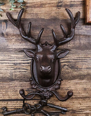 Ebros Cast Iron Rustic Stag Deer Antlers Wall Double Hooks Decor Plaque 10.5" H