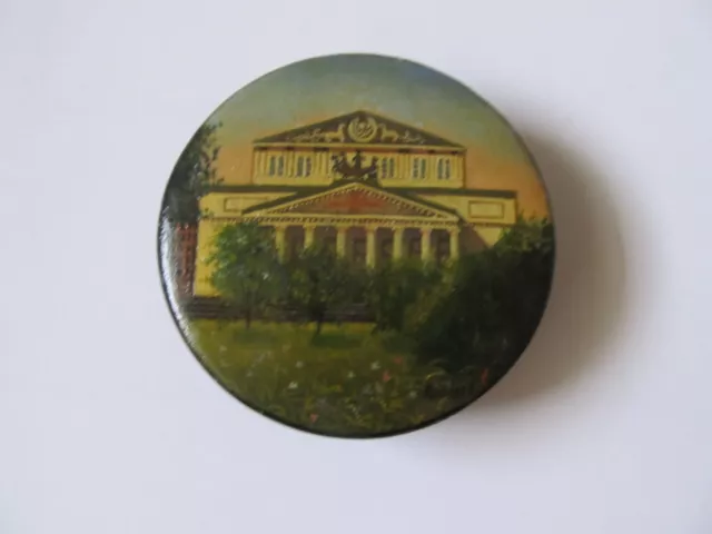 Vintage Russian Lacquer Round Trinket Box Hand Painted About 2.5" Diameter Wood