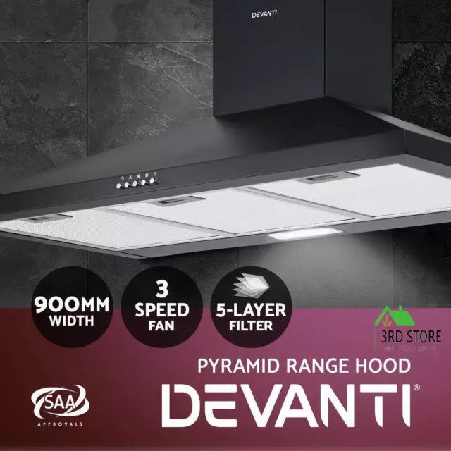 RETURNs Devanti Range Hood Rangehood 900mm 90cm Kitchen Canopy LED Light Black